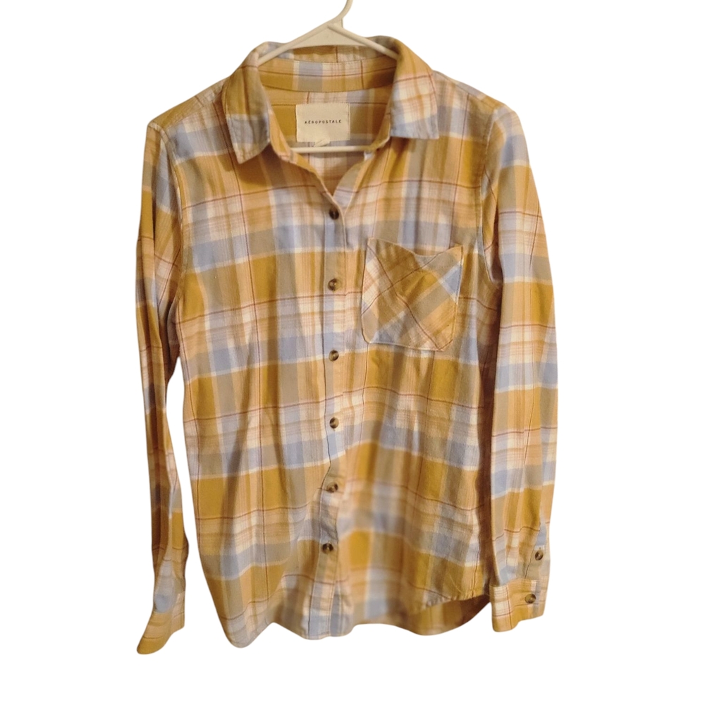 Y2k Aeropostale Women's Yellow Plaid Button-Up Fitted Long Sleeve Top, Size S